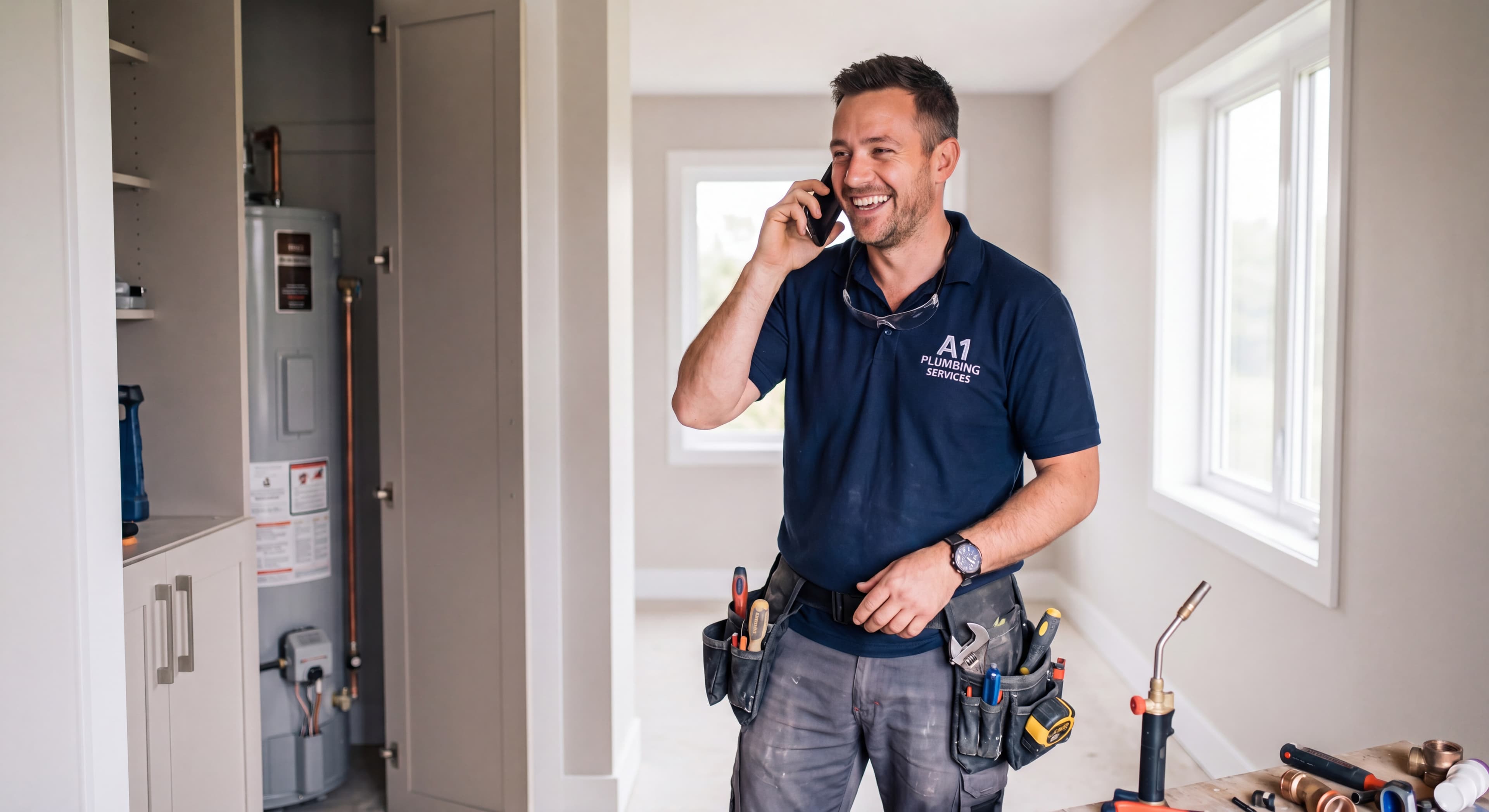 Plumber answering a phone call from a new customer lead
