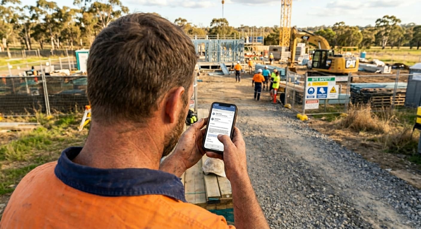 Tradie website displayed on phone surrounded by tools on a workbench
