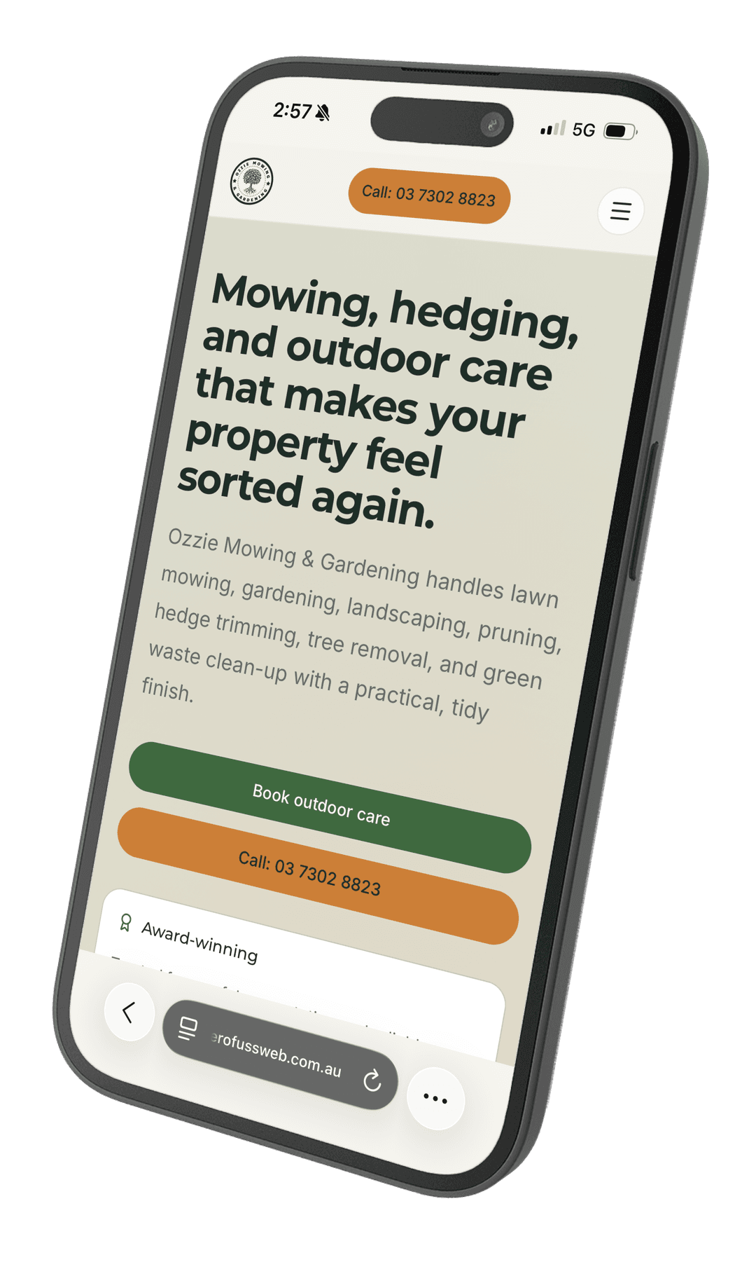 Ozzie Mowing & Gardening tradie website displayed on an iPhone - 100/100 Lighthouse score, built by ZeroFuss Web in 24 hours